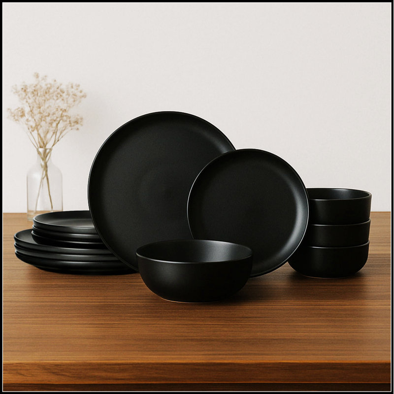 Ensemble de 12 assiettes et bols en grès de 12 pièces, allant au micro-ondes et au lave-vaisselle, non toxique et empilable