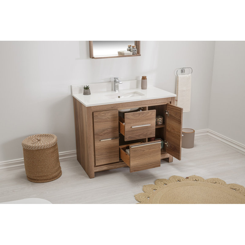 Ensemble de meuble-lavabo simple 41,3 po avec miroir Ktherine, Noyer