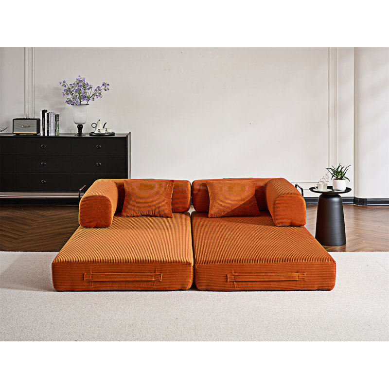 Canapé-lit convertible avec coussin, L 77,96 po, Velours côtelé orange