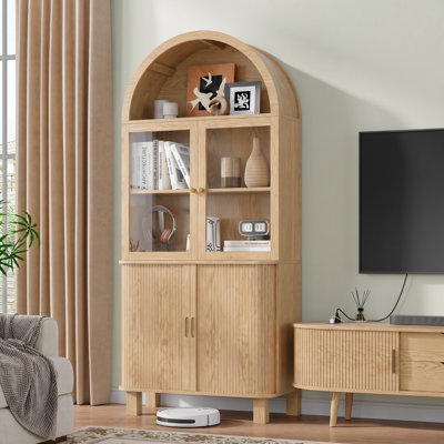 Armoire de cuisine de 70 po de hauteur arquée, armoires de rangement cannelées avec portes coulissantes et tablettes réglables, armoire de présentation en bois, armoire polyvalente de style Mid-Century pour cuisine, salle à manger, salle de bain, chêne