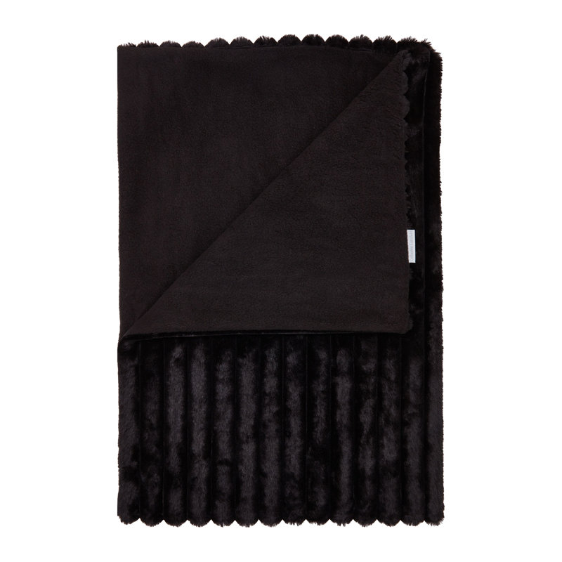 Cosy Ribbed Faux Fur Blanket Throw, Black