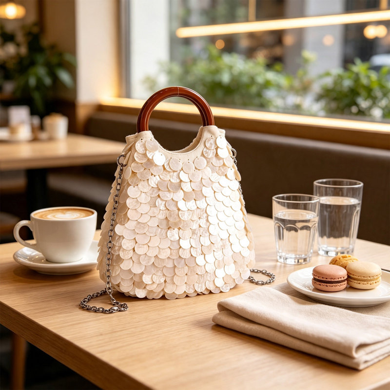 Sac à main en plastique orné de coquillages perlés pour femme. Un petit sac de soirée exclusif et sophistiqué avec une bandoulière chaîne pour le porter.