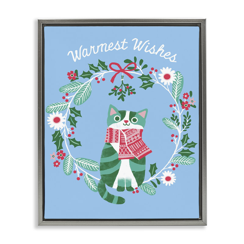 «Warmest Wishes Seasonal Cat», art mural encadré sur toile flottante, design par Riley Hutchens, Cadre flottant gris lustré