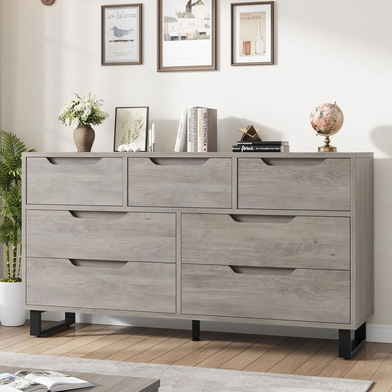 Dresser for Bedroom, Freestanding Horizontal Drawer with Storage, Wooden Closet Chest Storage, Gray