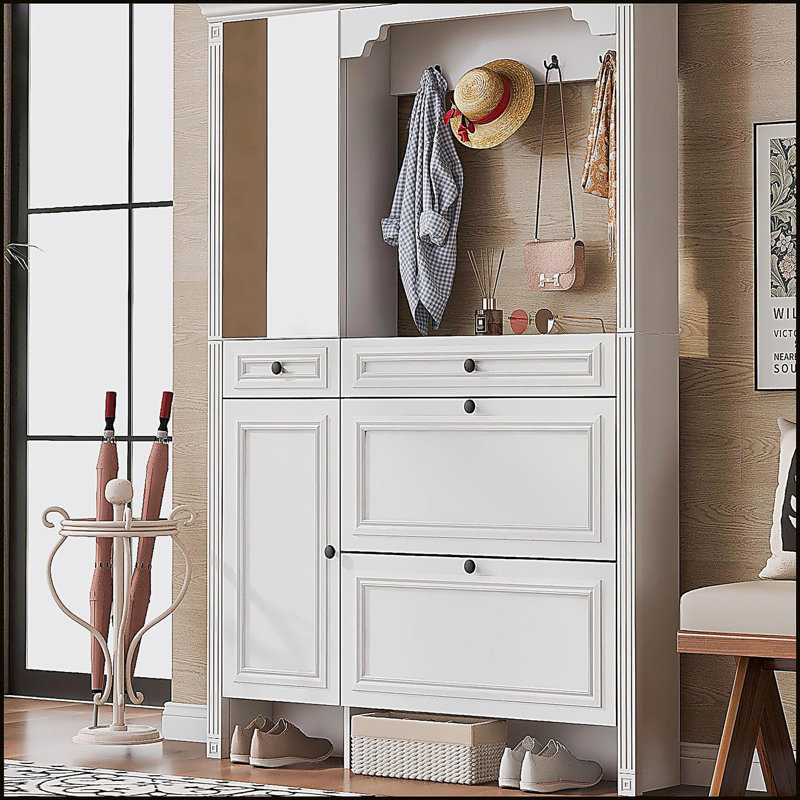 54.7'' Hall Tree with Integrated Shoe Cabinet and Mirrored Cabinet Door, Coat Hanger, Entryway Bench, 4-in-1 Design, 2 Flip Drawers, 4 Hooks and 2 Cabinets