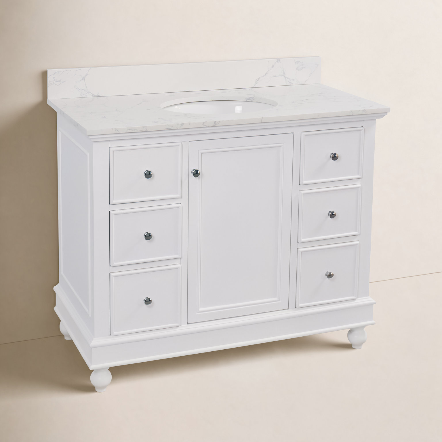 42 " Pine Single Bathroom Vanity, Engineered Marble, White