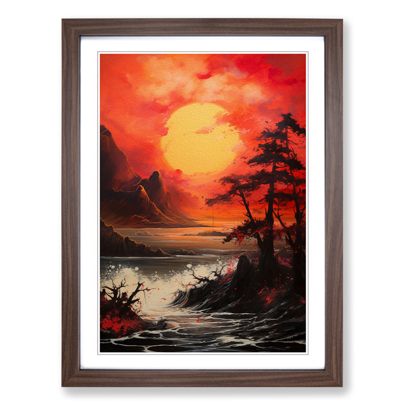 Japanese Sunset Gestural - Framed Print, 64cm H x 46cm W x 2cm D, Walnut 