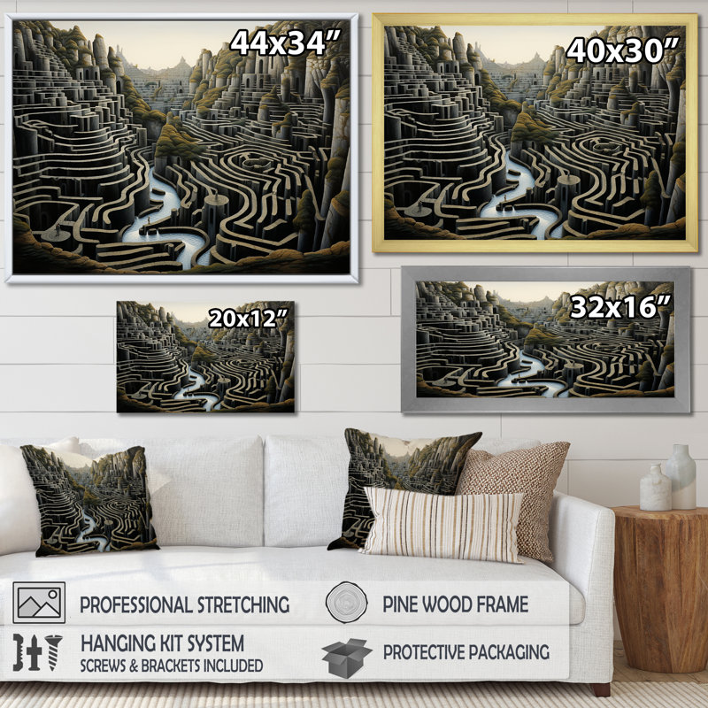 Labyrinthe surréel paysage III - surréalisme, art mural, Toile tendue, H 12 po x l 20 po x P 1 po