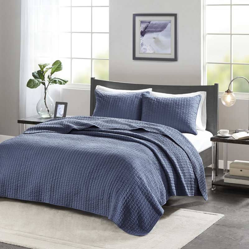Courtepointe 3 pièces très grand / très grand bleu marine - réversible avec housse en microfibre et rembourrage en coton pour l'intérieur rembourré