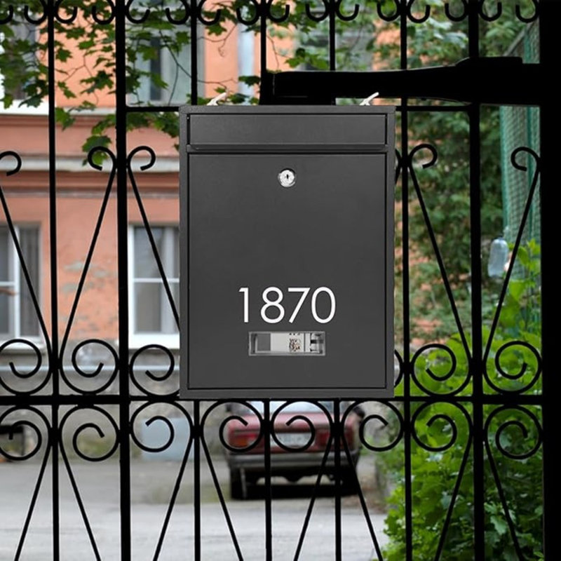 Locking Mailboxes For Outside, Wall Mount Mailbox With Key And Three Sets 0-9 Reflective Sticker Numbers, Large Capacity Anti-Rusting Metal Postbox 13.8X 10.8X 3.25 Inch Black