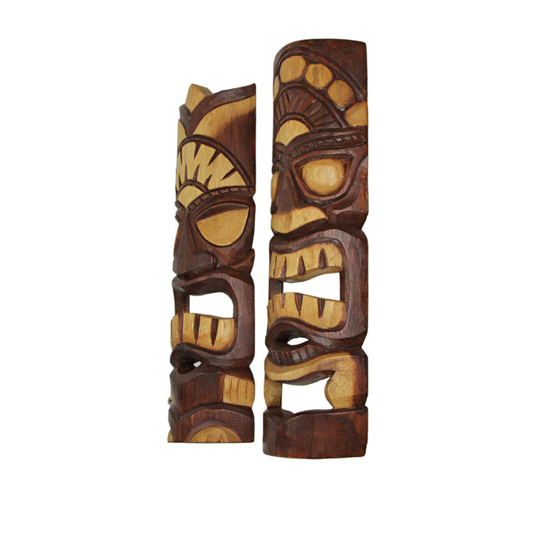 Tropical hand-carved natural stained wood Polynesian Tiki wall hanging masks, set of 2 — 20" H x 5.5" L x 2" W