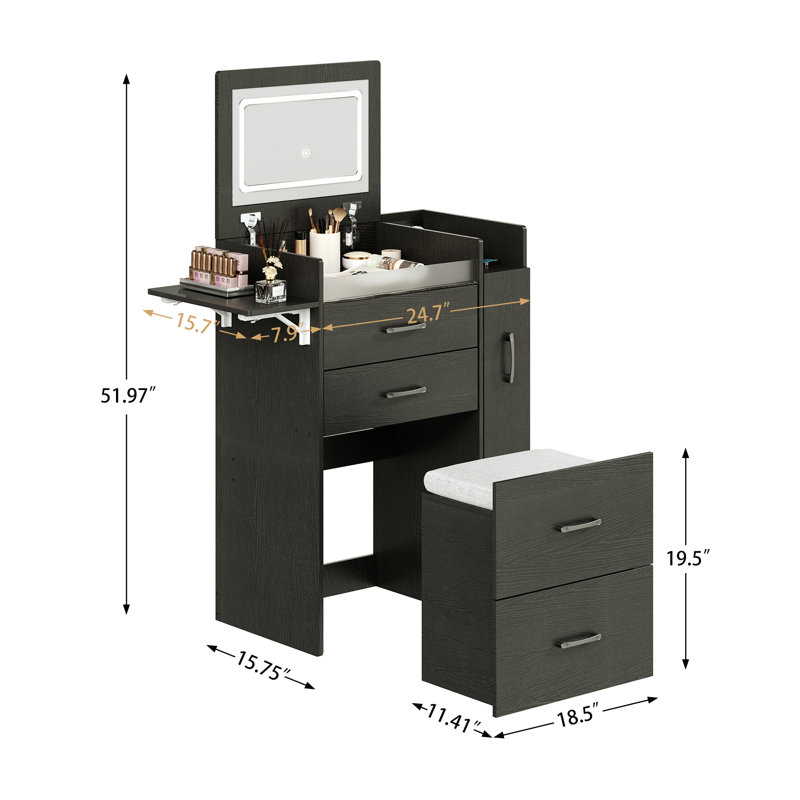 Meuble-lavabo 3 en 1 avec miroir à plateau supérieur et petit luminaire à DEL 3 couleurs avec prise de courant, meuble-lavabo compact avec 3 tiroirs et armoire, tabouret de rangement pour la chambre à coucher