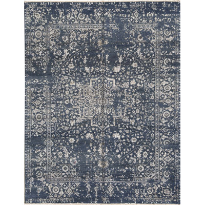Tapis bleu foncé et bleu clair noué à la main de haute qualité