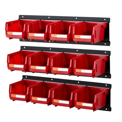 Red Wall Mounted Plastic Storage Bins 12 3 Metal Rails For Hardware Tools In Workshop Craft Room Garage Compact And Organizing Screws Nuts Bolts Nails Quick Item Access