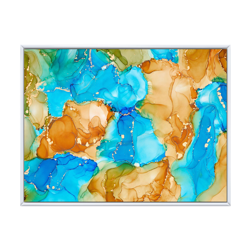 Turquoise et brun, luxe abstrait, fluide I - peinture sur toile, H 34 po x l 44 po x P 1,5 po, Cadre flottant blanc
