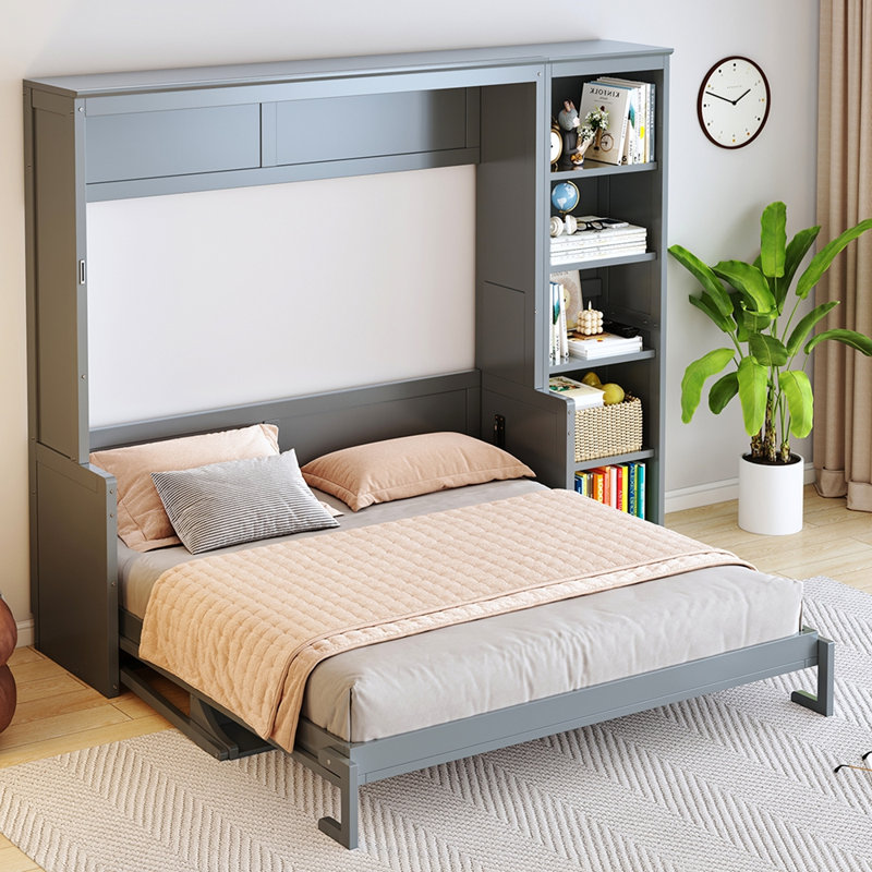 Lit escamotable avec bureau et bibliothèque Murphy, Grey, Queen