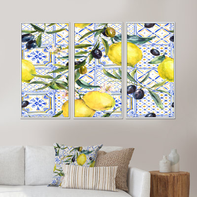 Ornement en forme de citron sur un motif géométrique bleu III - impression sur toile flottante 3 pièces