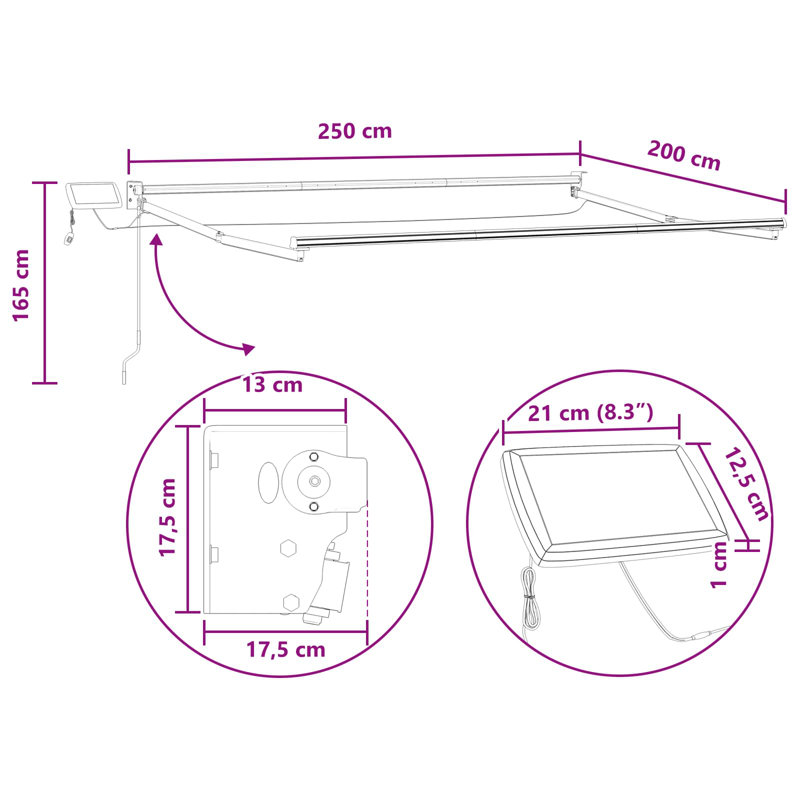 VidaXL Polyester Cover Retractable Patio Awning, Sand/Black, 165" H x 250" W x 200" D, Solid Color