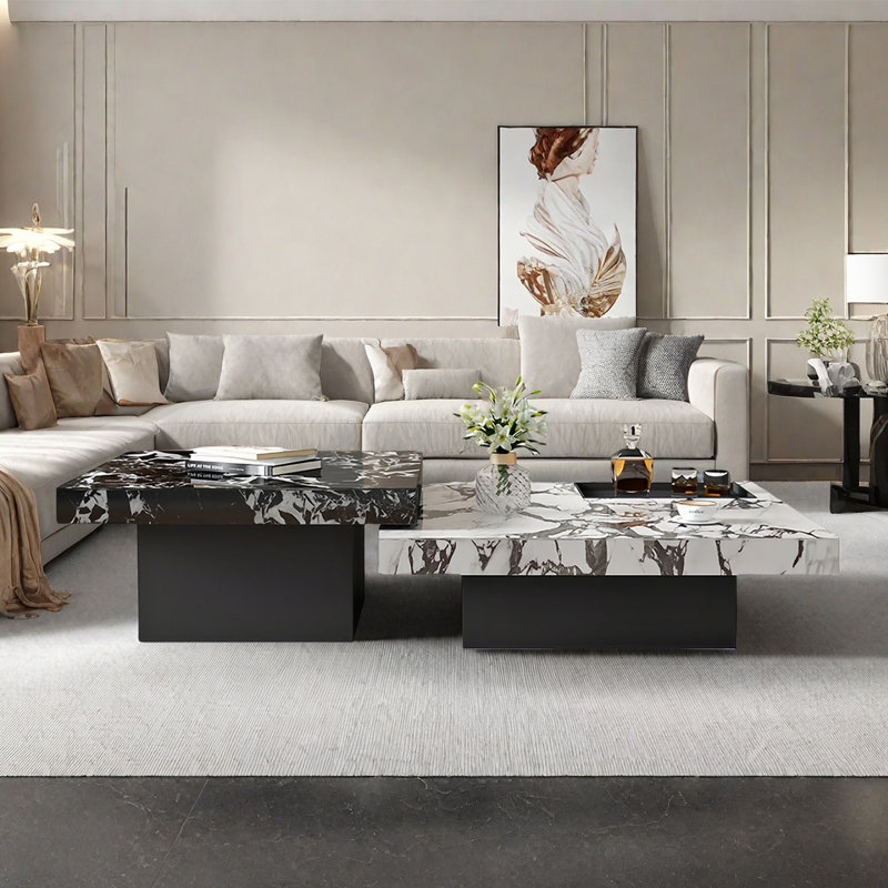 Modern rock plate coffee table set, Black/Gray/White, 13.8" H x 47.2" L x 47.2" W