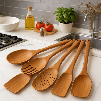 6-Piece Teak Wooden Kitchen Utensil Set - Heat-Resistant Natural Wood Spoons, Spatula, Turner & Skimmer - Non-Scratch Safe For All Cookware, Durable & Easy To Clean
