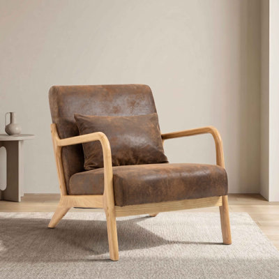 Mid Century Modern Accent Chair with Wood Frame, Upholstered Living Room Chairs with Waist Cushion, Reading Armchair for Bedroom Sunroom