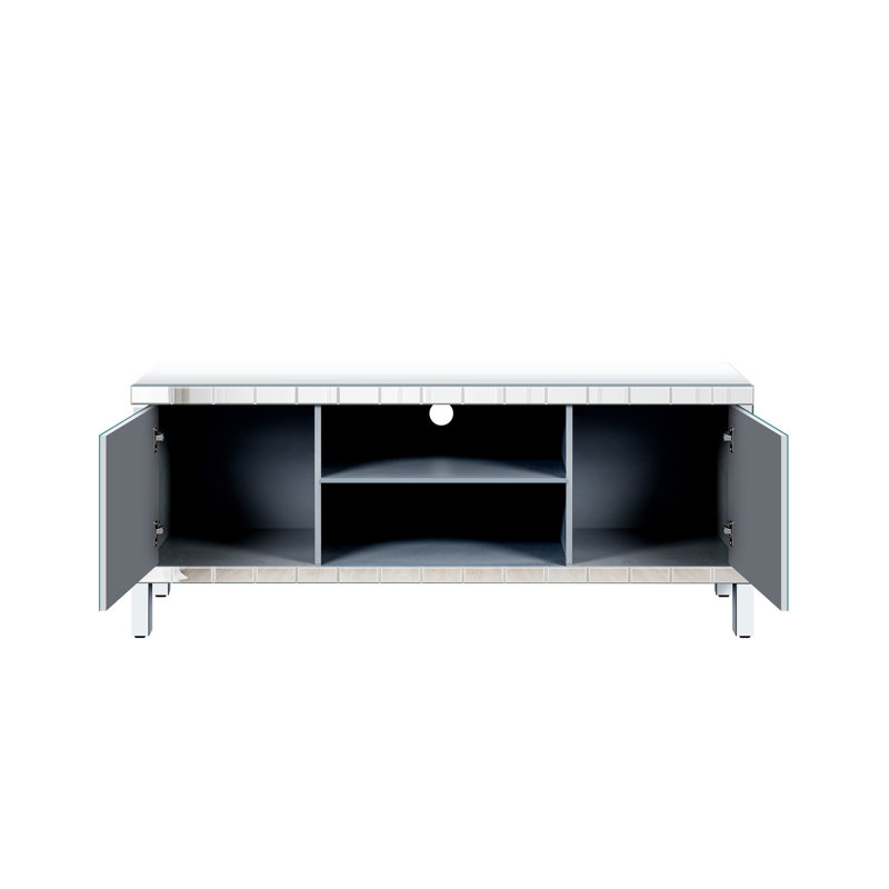 Meuble télé avec miroir de 65 pouces et plus, argent avec rangement ouvert et 2 armoires, support moderne pour accessoires de salon pour téléviseur, espace de rangement, caractéristique