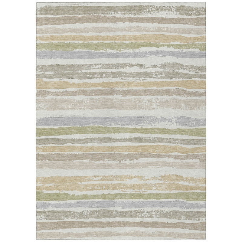 3' X 5' Ivory Beige And Green Striped Washable Indoor Outdoor Area Rug