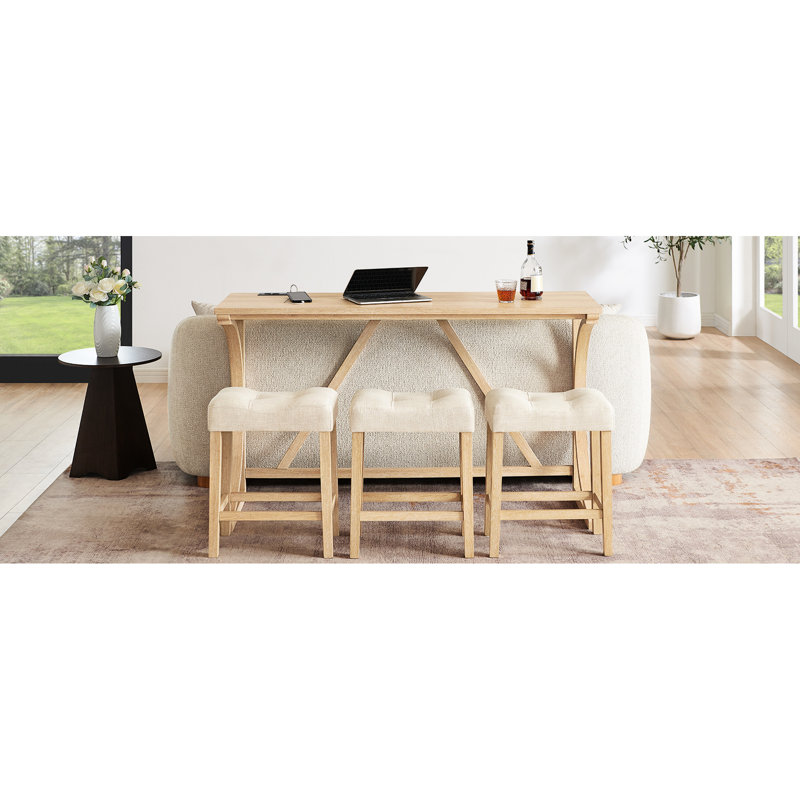 Table de salle à manger de 59 pouces avec charge intégrée, 3 tabourets moelleux, 4 pièces pour la surface de divertissement à la maison, centre de charge avec cadre en bois massif et chaises confortables, chaleur d'appoint, stable