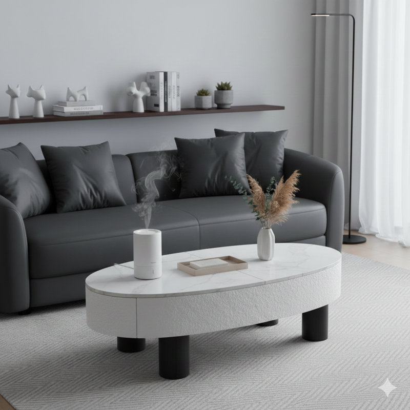 Table basse ovale avec un plateau en faux marbre, dans un style Mid-Century moderne. Comprend un tiroir caché et un espace de rangement, idéal pour le salon, la chambre à coucher ou le bureau.