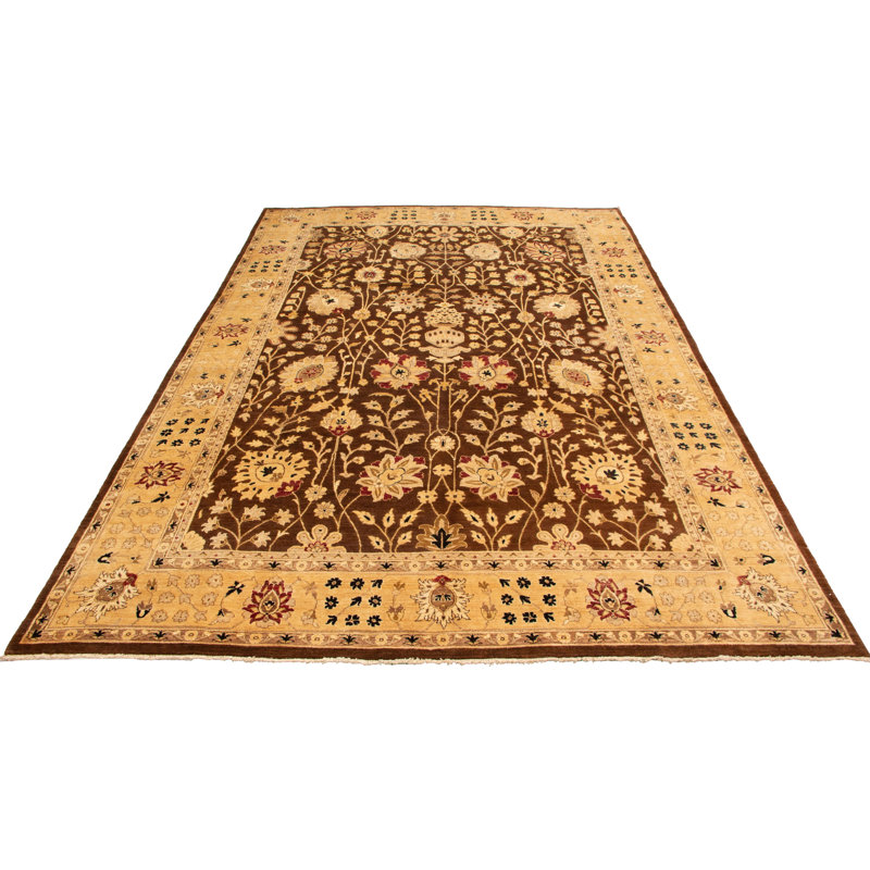 Tapis brun foncé en laine noué à la main de conception unique 9 pi 9 po x 14 pi 11 po New Age