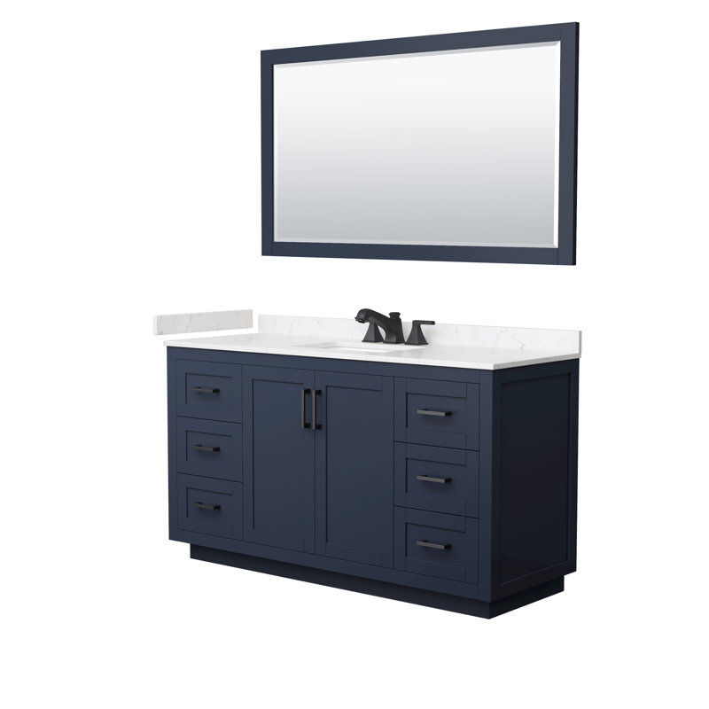 Meuble-lavabo simple autoportant de 60 po avec plateau en marbre Miranda, Bleu, Noir mat