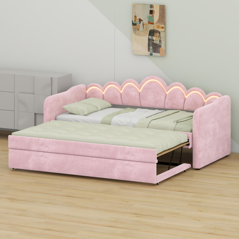Lit de jour polyvalent à finition douce avec lumières ambiantes et lit d'invité réglable, Rose