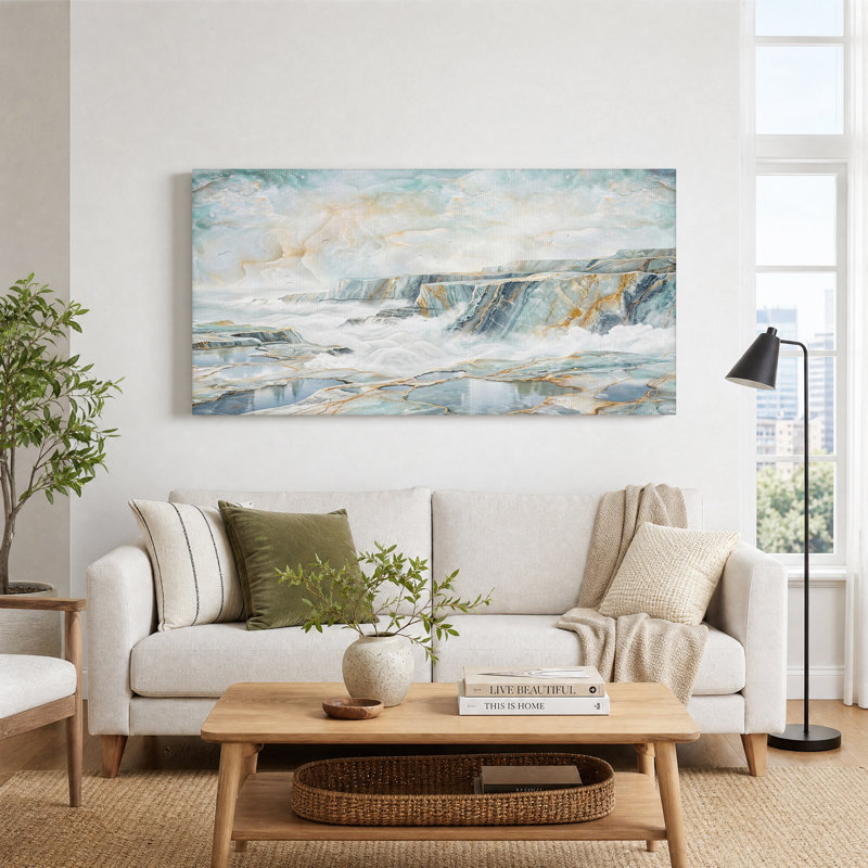 Tableau sur toile représentant un paysage de falaise de marbre bleu et or, L 46 po x H 24 po