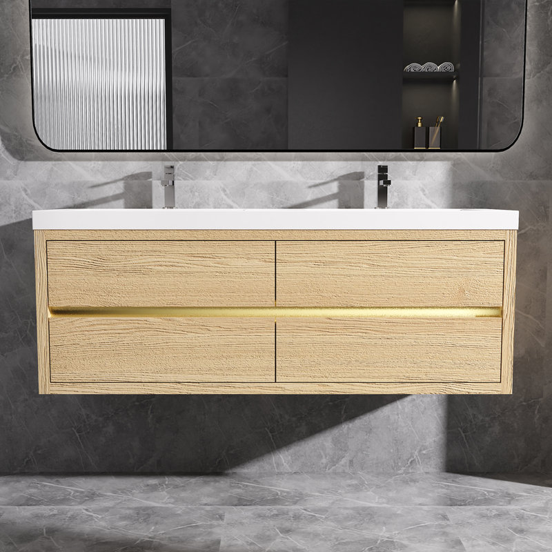 Meuble-lavabo mural flottant avec double surface de comptoir en blanc, 60", Brun