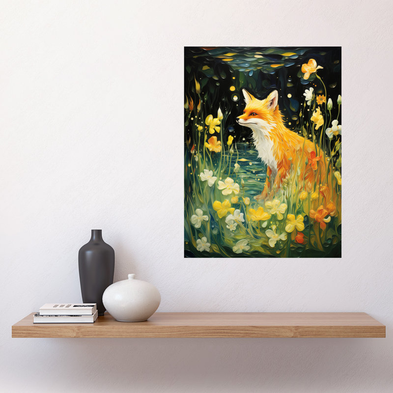 Wall Art Print Fox Dream Floral Oil Painting Dreamscape of Lily Flowers in Spring Poster