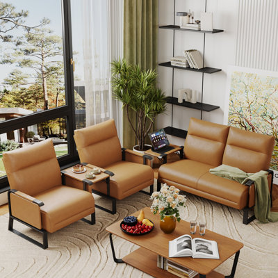 Ensemble de salon 3 pièces rembourré avec plateau latéral, 1 causeuse rembourrée et 2 chaises d'appoint pour les petits espaces