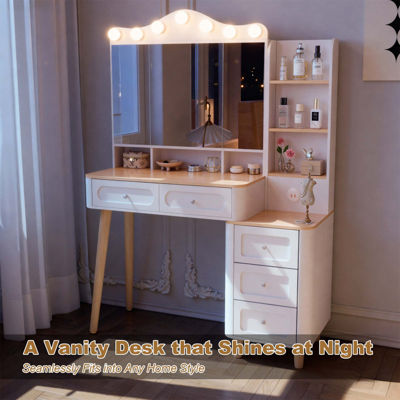 Vanity Desk With Mirror And Lights, Makeup Vanity With 2 USB Ports, Dual Drawer And Chest Storage, 3 Lighting Modes, Foldable Three-Sided Mirror