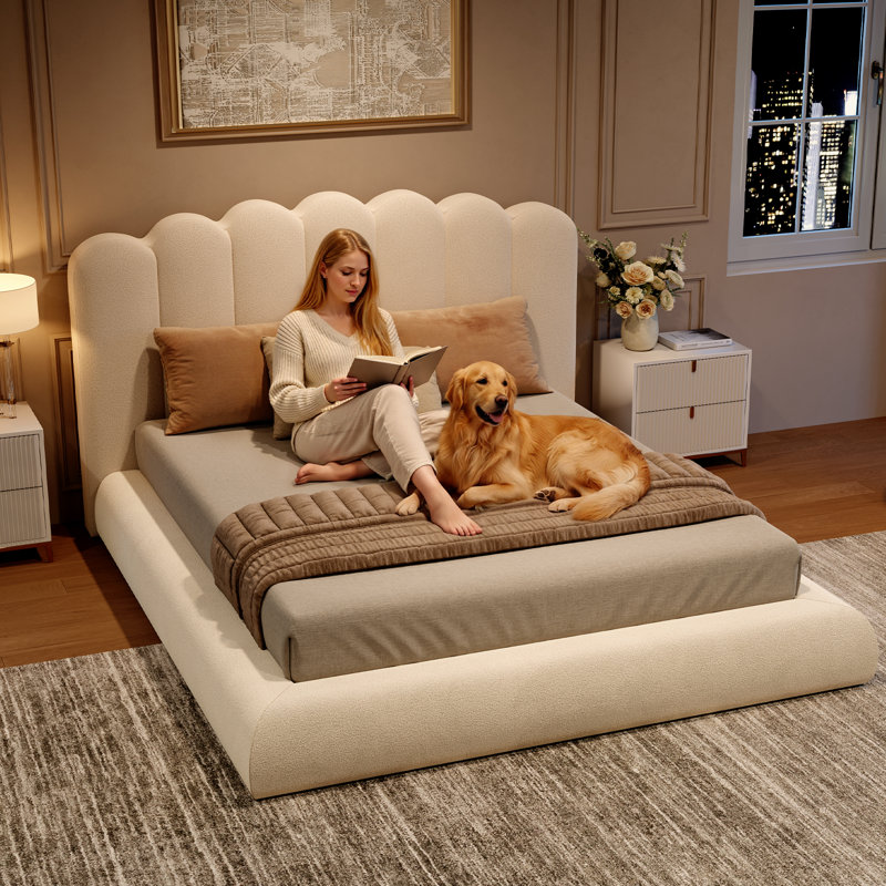 Velvet Upholstered Platform Bed With Scalloped Wavy Headboard, No Box Spring Required, Queen, Beige