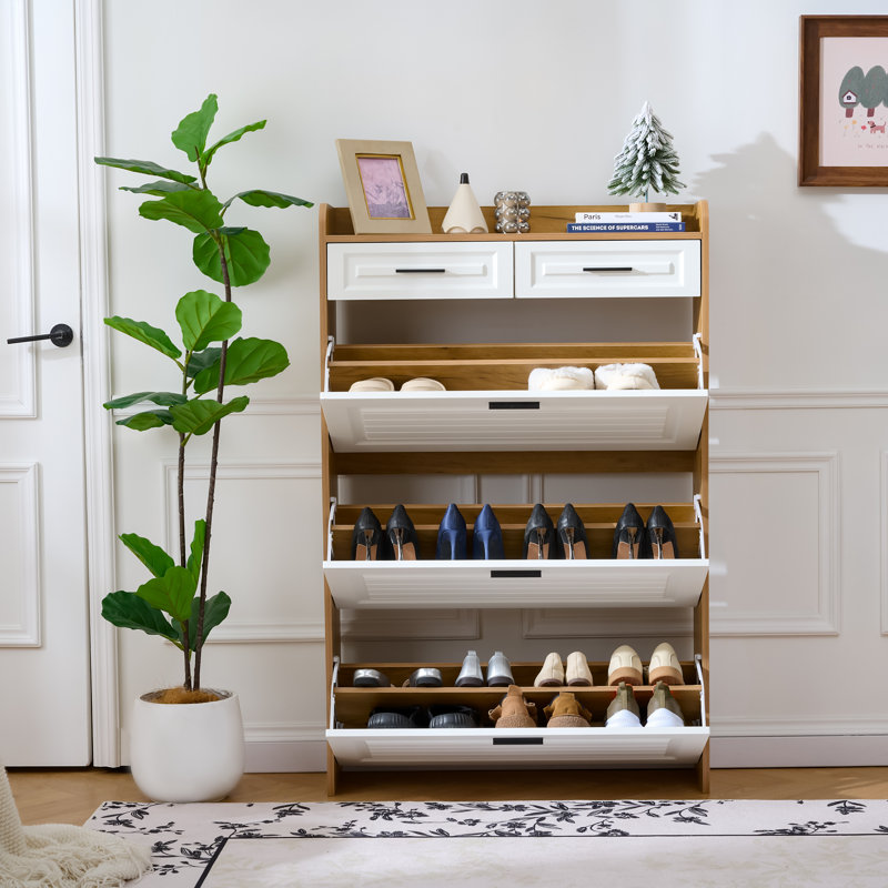 Narrow Shoe Storage Cabinet With 3 Flip Drawers And 2 Storage Drawers, Freestanding Shoe Organizer For Entryway Hallway, White And Walnut | Gift Idea