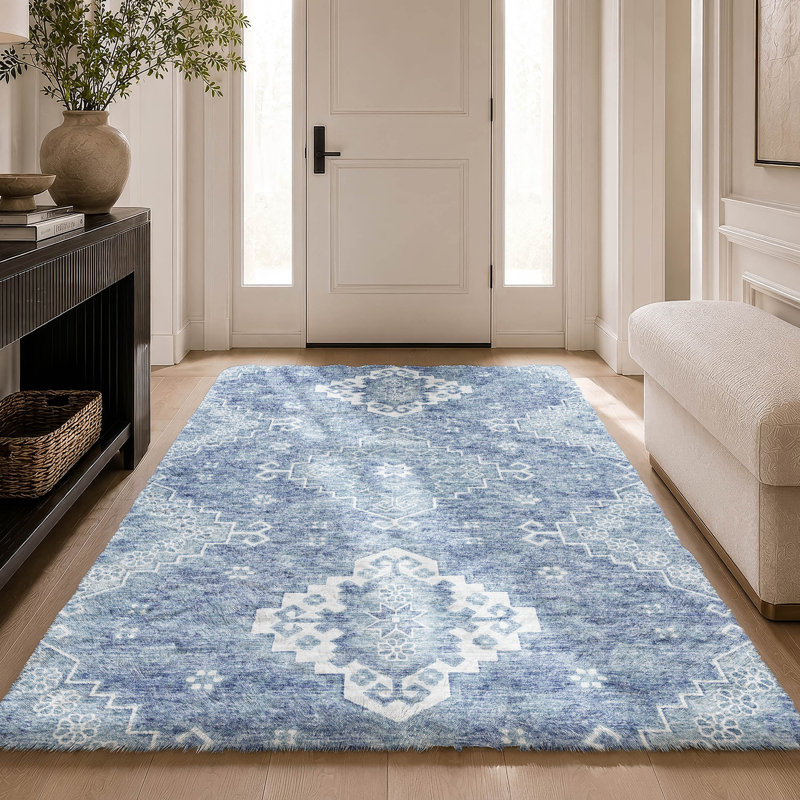 Tapis oriental à poils longs de qualité supérieure lavable à la machine ADS847, Bleu, 8 pi x 10 pi