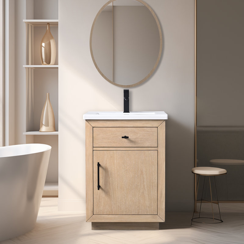 Ensemble de meuble-lavabo autoportant à simple cuve 24 po avec plateau en céramique Avignon, Blé clair