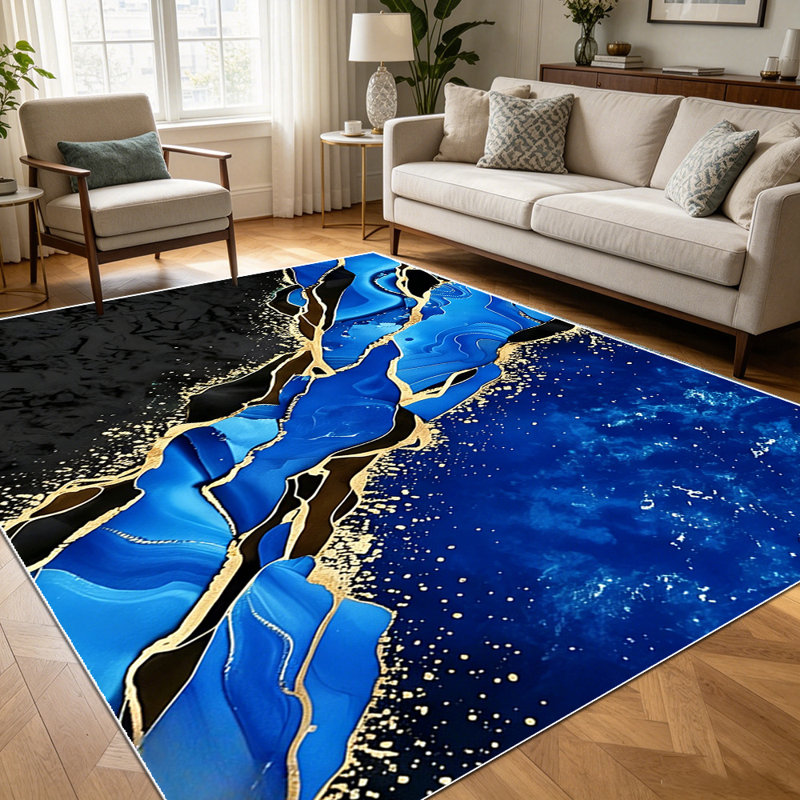 1PC Navy Blue Black Gold Foil Fluid Abstract Marble area rugs for Living Room, Soft and Comfortable, Suitable for all seasons, easy-to-maintain, machine washable Indoor floor mat, Under Table Farmhouse suitable for dining room, bedroom