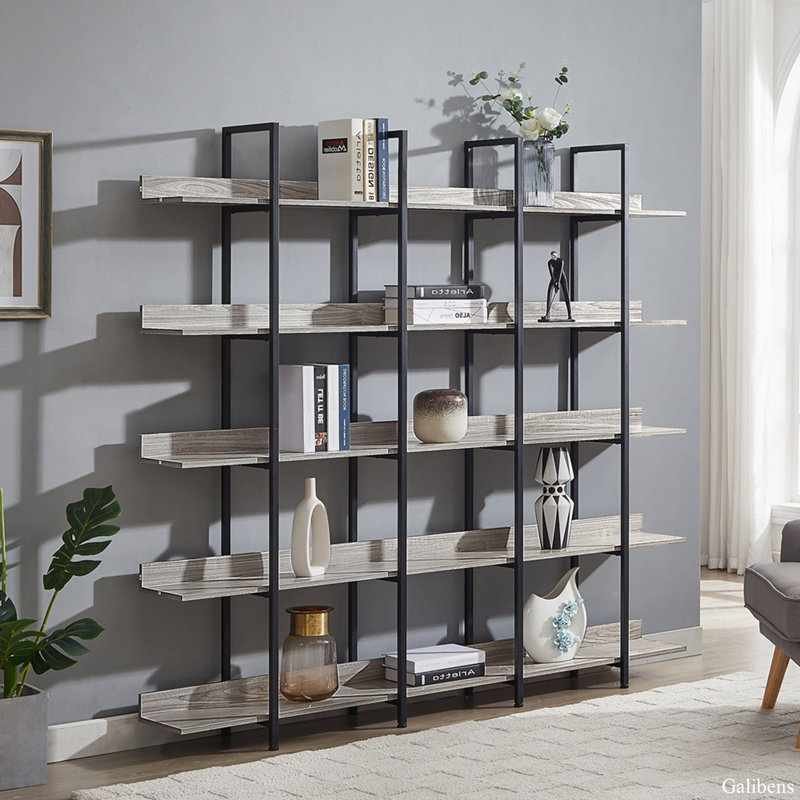 5-Tier Bookcase Home Office Open Bookshelf, Vintage Industrial Style Shelf With Metal Frame, Gray