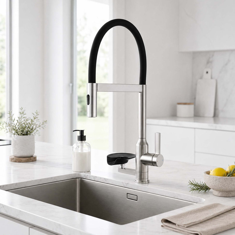 Robinet de cuisine avec douchette extractible et rince-verre, robinet mitigeur monocommande à bec haut en acier inoxydable, fixation magnétique, bec pivotant à 360°, montage sur plage, nickel brossé