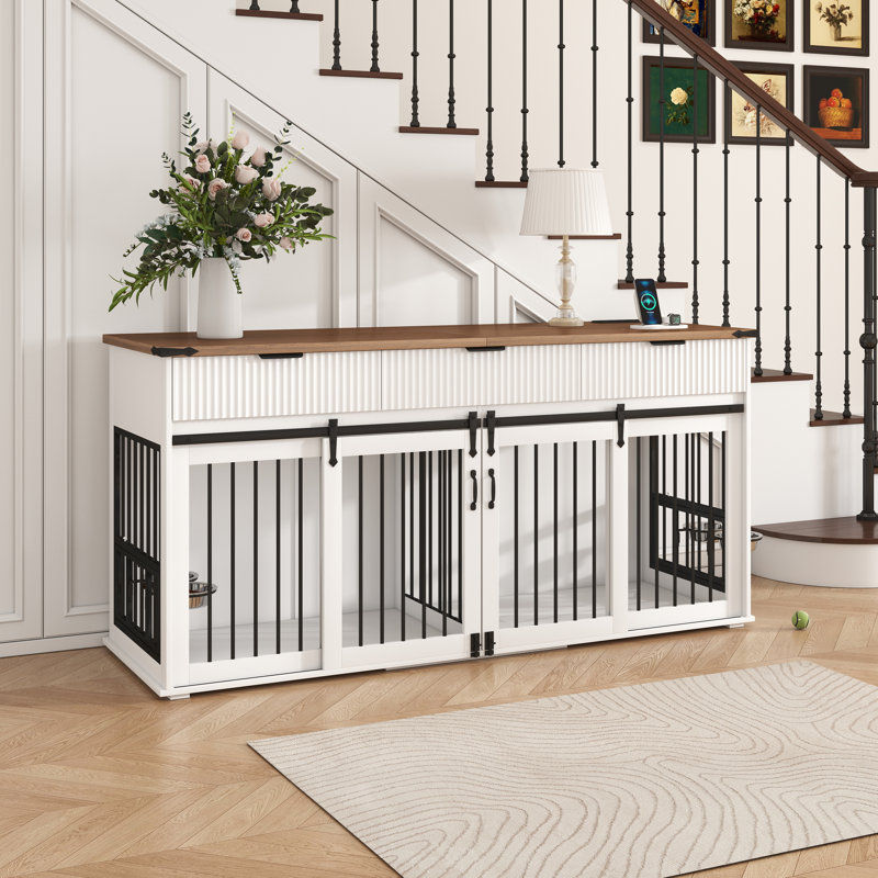 Cage double pour chien 71 po avec 3 tiroirs cannelés et prise de courant Aceston Aceston, Blanc/noyer