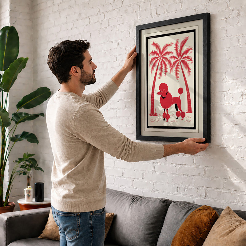 Red Poodle Under Palms Retro - Print, A2 - 59.4 x 42.0 cm, White