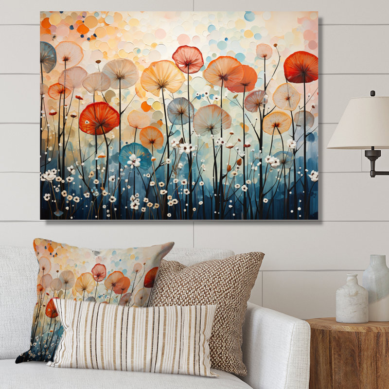 Coral Dandelion Floral Symphony II - Floral Wall Art Living Room, H 12 po x l 20 po x P 1 po, Toile tendue