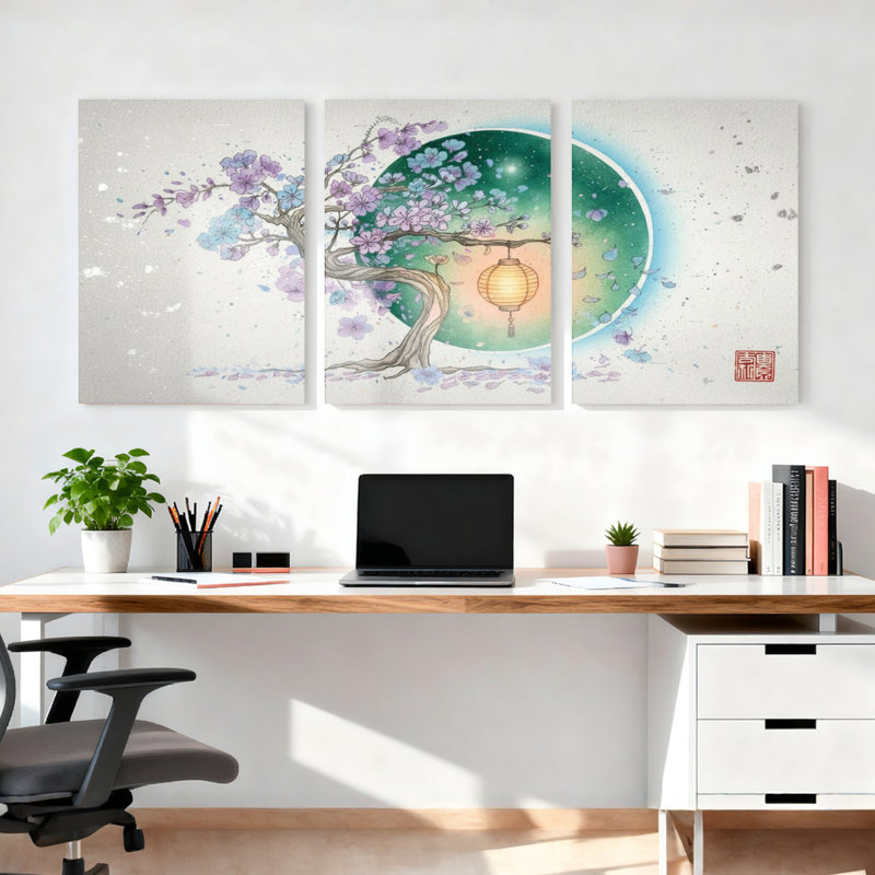Trinx Cherry Blossom Tree With Lantern And Moon Canvas Wrapped Wall Art ...