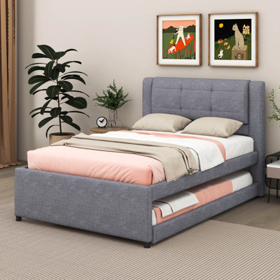 Lit plateforme tapissier Ovilla double avec lit gigogne et lit gigogne