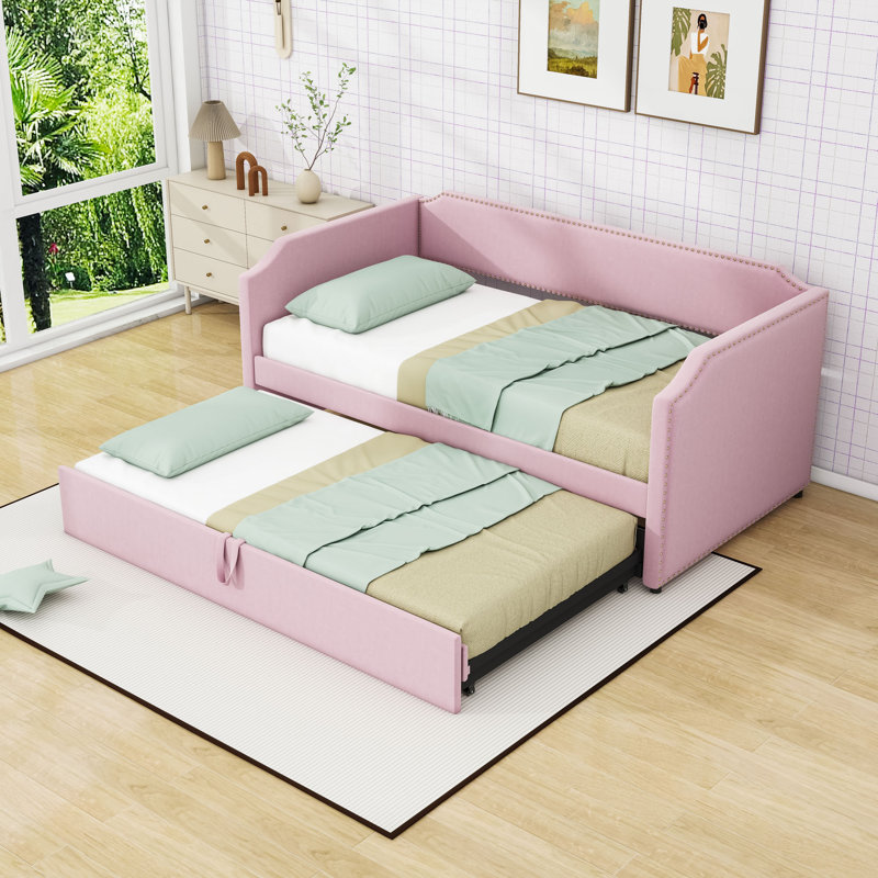 Twin Upholstered Daybed with Pop Up Trundle, Pink